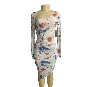 Guess Dress Womens Small Onya Asym Shirred Floral Spring Party Long Sleeve